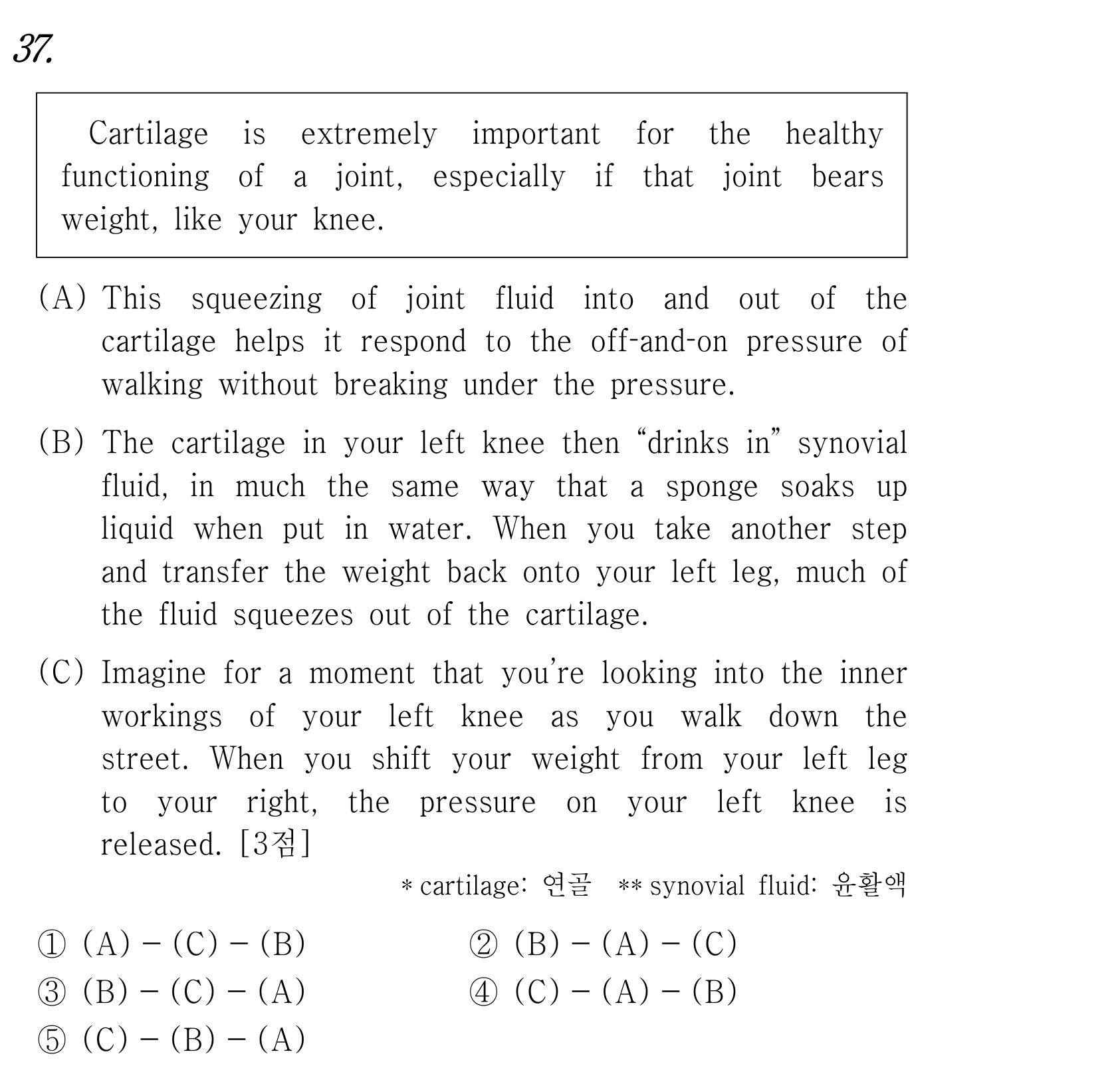 Cartilage is extremely important for the healthy functioning of a joint — 2025년 3월 고1 37번 해석/풀이