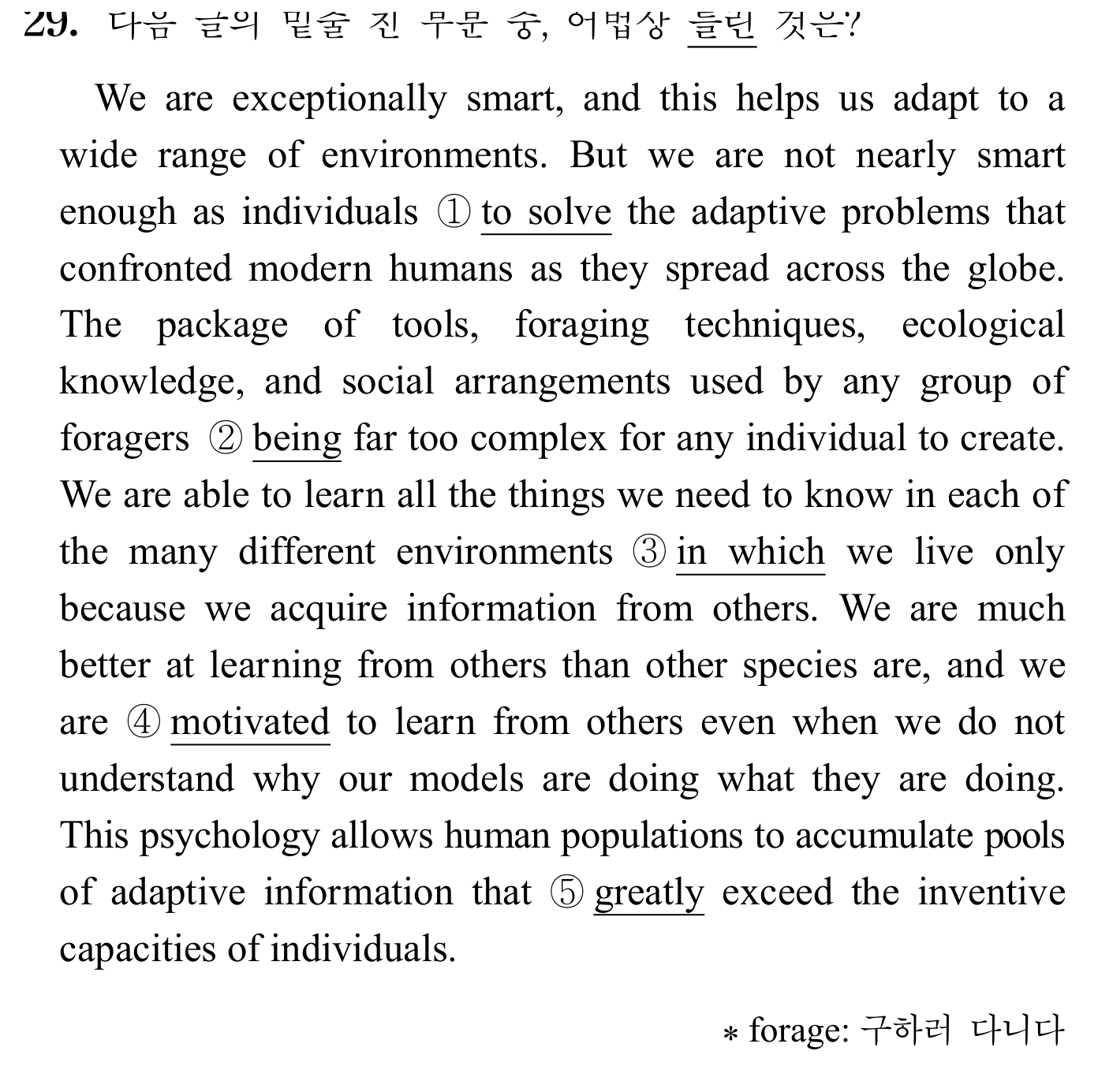 We are exceptionally smart, and this helps us — 2025년 11월 고3 29번 해석/풀이
